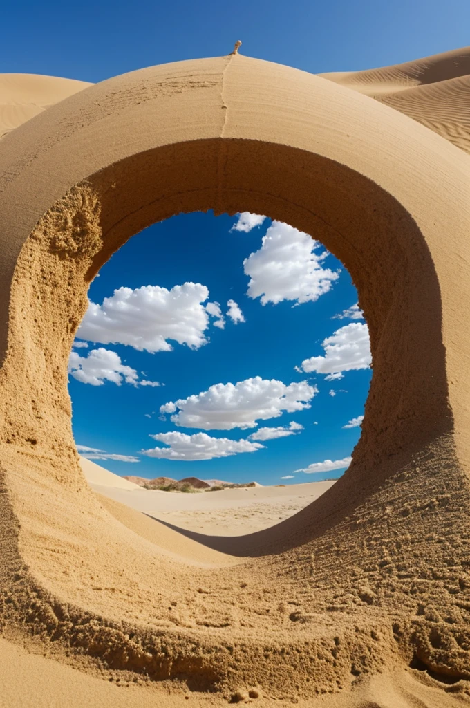 A desert with blue sky and clouds, in the sand a clay vase, hands come out of the sky with the sun shining