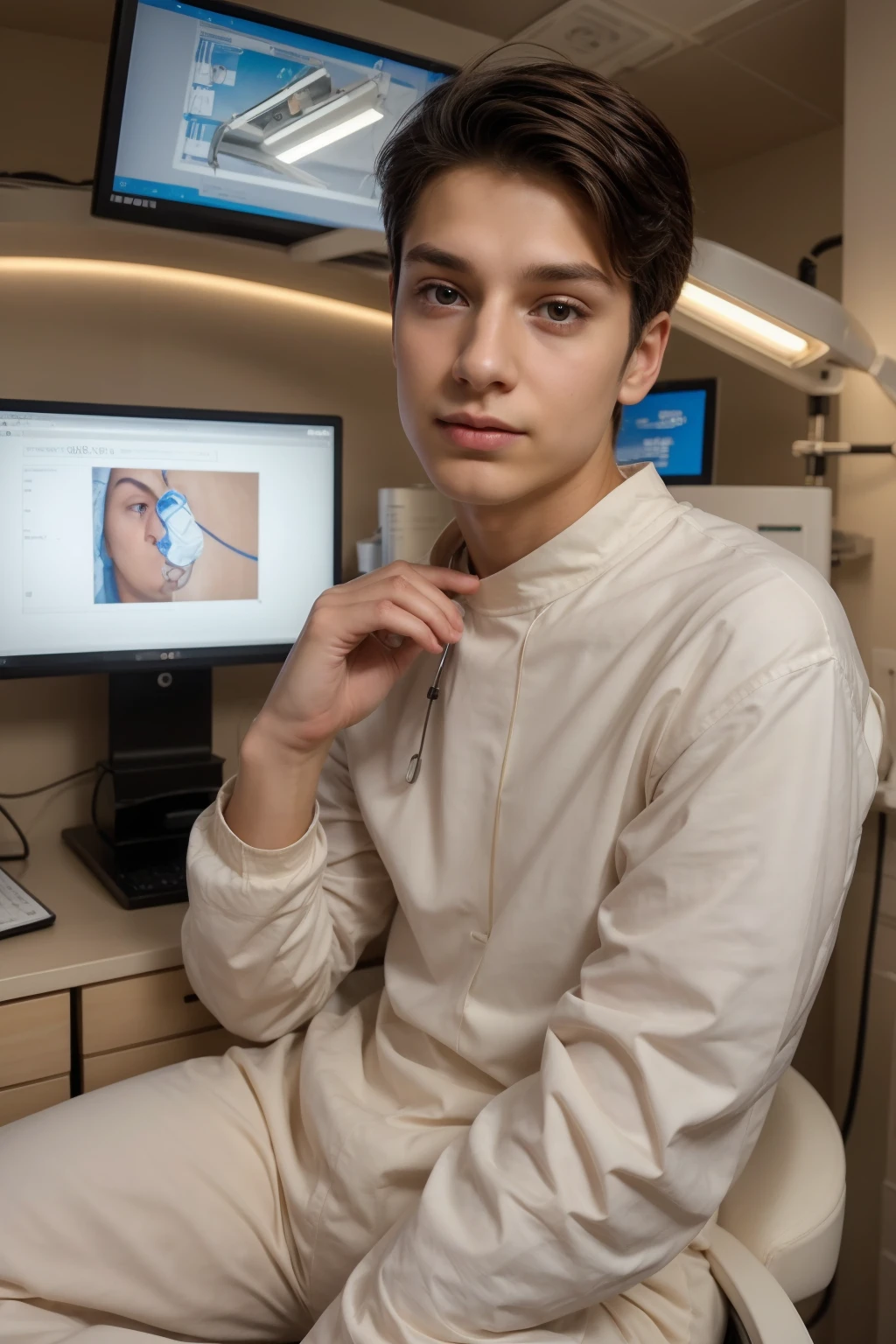 A beautiful young man, a cute male twink, with black hair, wearing a long-sleeved, white shirt and jeans. He is in the surgical operating room, and behind him are surgical medical instruments, devices, and medical smart screens inscribed with nerve cells, rings, etc., and he looks on proudly, with a face with reddish makeup. He is sitting at a luxurious desk