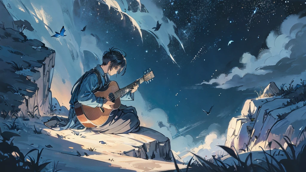 Little Blue Bird。Under the stars。On a hill far away、A small person is playing a big acoustic guitar with his back to me。