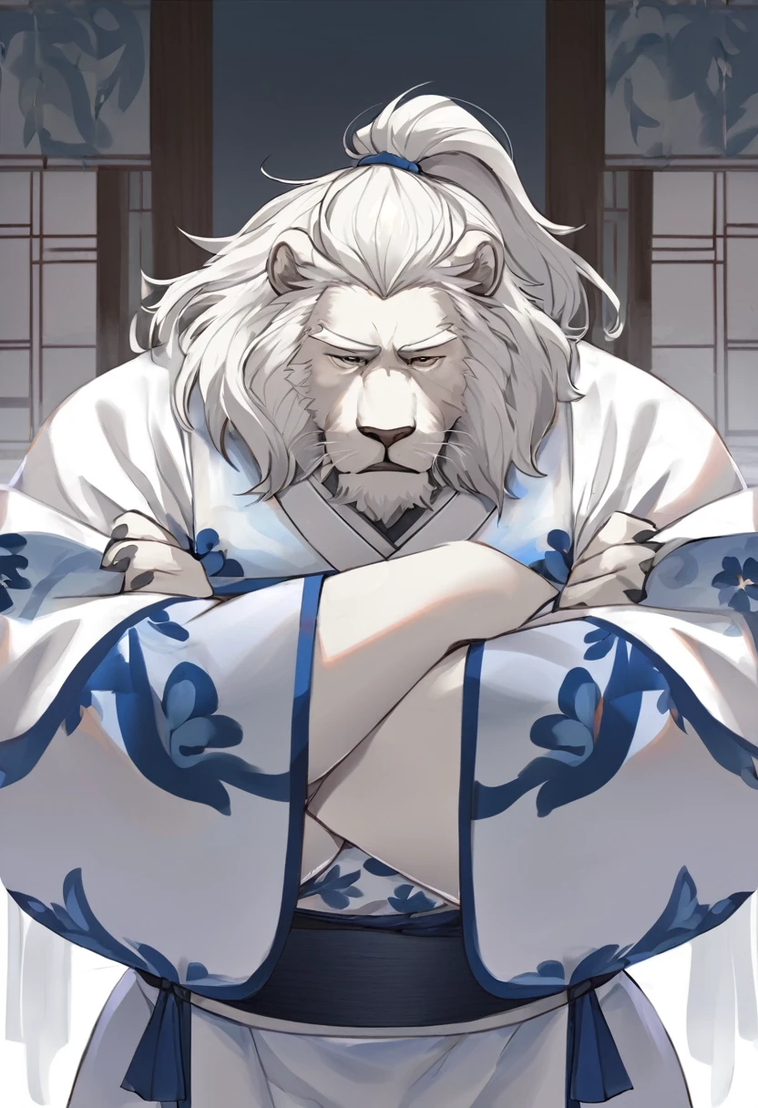 White lion,personification,Mature male,Strong Man,White hair,Cold expression,Black pupil,Gray eyebrows,Blue and white Hanfu。
