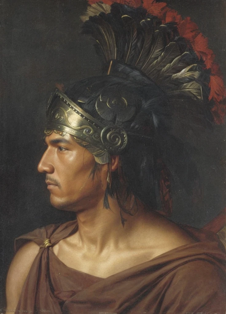 Change it into a handsome beautifully detailed face of a indigenous Filipino tribe's men. Change the helmet into a indigenous hat, and make the man think about being one with nature 