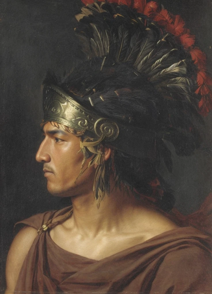 Change it into a handsome beautifully detailed face of a indigenous Filipino tribe's men. Change the helmet into a indigenous hat, and make the man think about being one with nature 