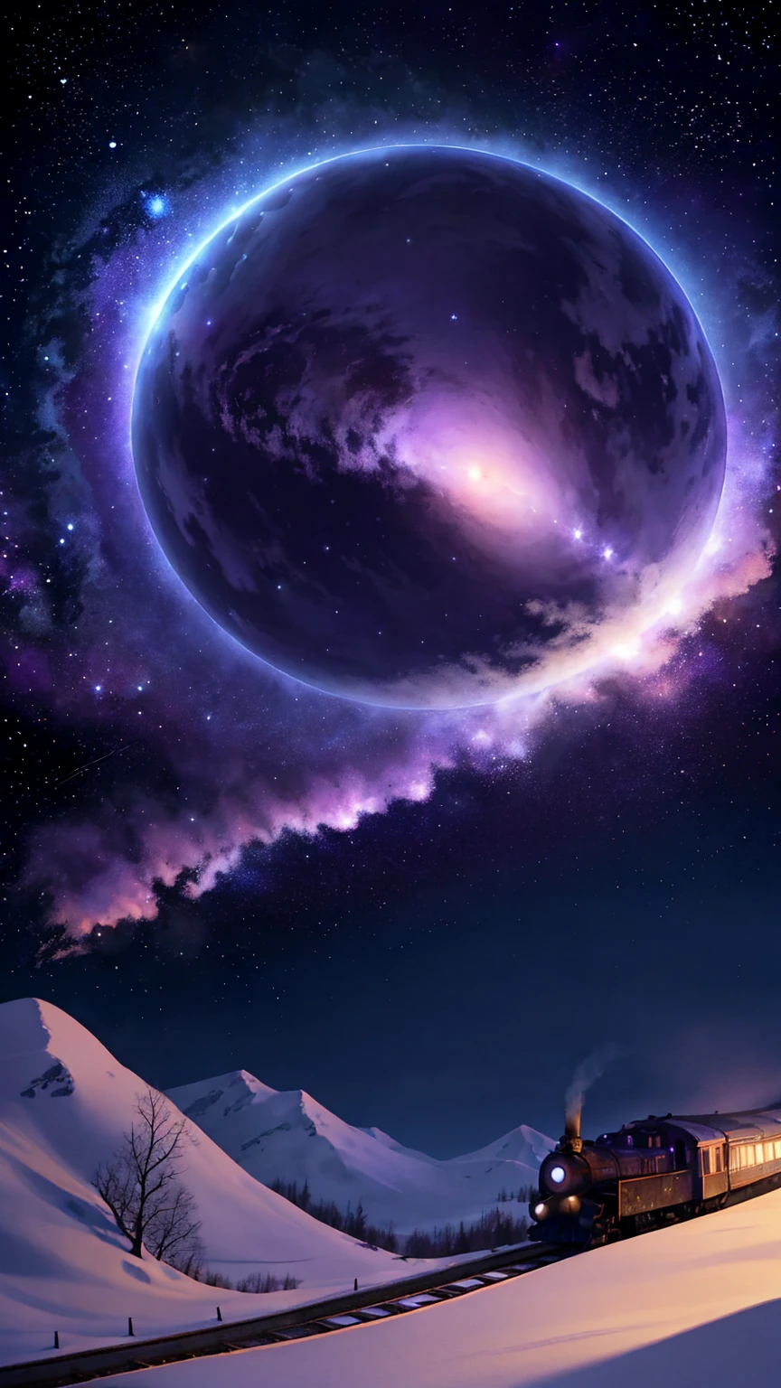 In a tranquil winter night, under the ethereal glow of a cosmic sky, a train glides gracefully along snow-covered tracks. The scene unfolds with Makoto Shinkai's signature magic realism, where the train itself seems alive with a quiet, mysterious energy. The landscape is painted in shades of deep blues and purples, reminiscent of a galaxy painted across the heavens. There are no humans in sight, only the silent companionship between the train and the vast, starlit sky. This evokes the essence of Makoto Shinkai's renowned anime backgrounds, capturing a moment of serene beauty and cosmic wonder.