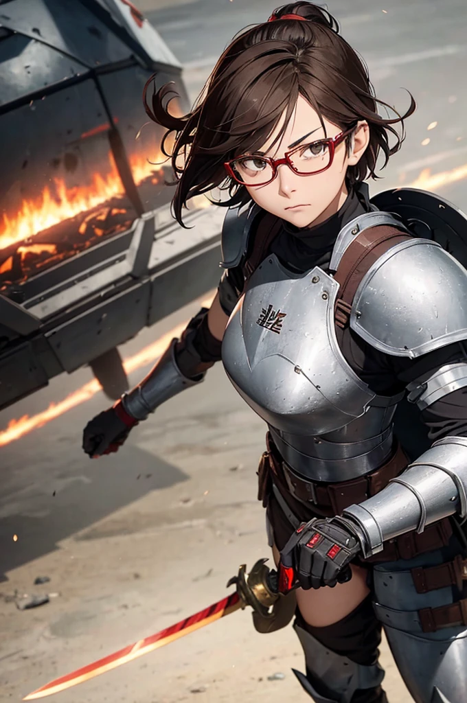 Kobayashi Slayer is a woman with short brown hair, with glasses protruding from the visor of the steel helmet. Wear heavy gray armor with red details, Designed for maximum protection and combat efficiency. Armed with a sword and a shield, maintains his analytical and calm nature, but now he fights tirelessly against goblins and other threats.