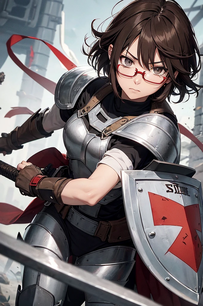 Kobayashi Slayer is a woman with short brown hair, with glasses protruding from the visor of the steel helmet. Wear heavy gray armor with red details, Designed for maximum protection and combat efficiency. Armed with a sword and a shield, maintains his analytical and calm nature, but now he fights tirelessly against goblins and other threats.