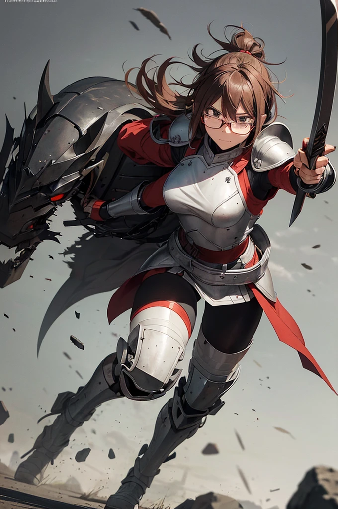 Kobayashi Slayer is a woman with short brown hair, with glasses protruding from the visor of the steel helmet. Wear heavy gray armor with red details, Designed for maximum protection and combat efficiency. Armed with a sword and a shield, maintains his analytical and calm nature, but now he fights tirelessly against goblins and other threats.