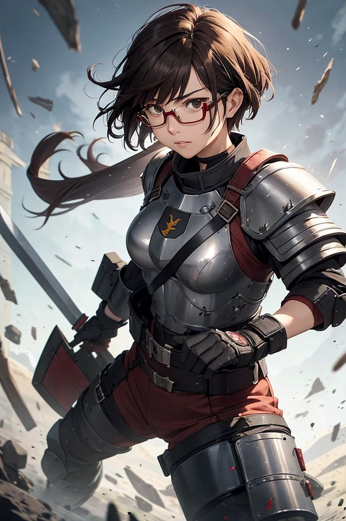 Kobayashi Slayer is a woman with short brown hair, with glasses protruding from the visor of the steel helmet. Wear heavy gray armor with red details, Designed for maximum protection and combat efficiency. Armed with a sword and a shield, maintains his analytical and calm nature, but now he fights tirelessly against goblins and other threats.