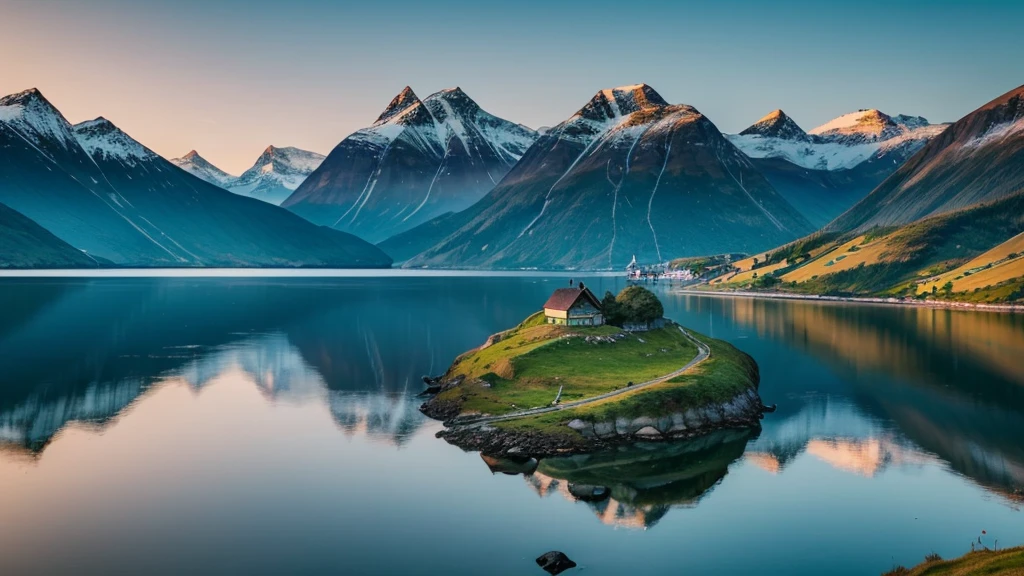 A serene Viking landscape with rolling green hills, a calm fjord, and a majestic mountain in the background. The sky is painted with the soft colors of dawn, reflecting on the still waters of the fjord. A lone Viking longship is anchored near the shore.