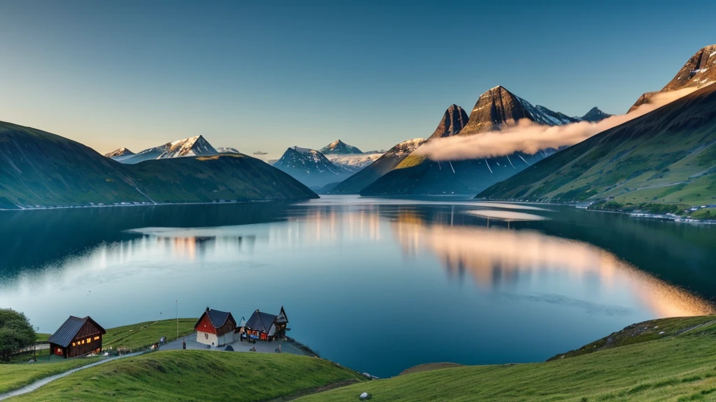 A serene Viking landscape with rolling green hills, a calm fjord, and a majestic mountain in the background. The sky is painted with the soft colors of dawn, reflecting on the still waters of the fjord. A lone Viking longship is anchored near the shore.