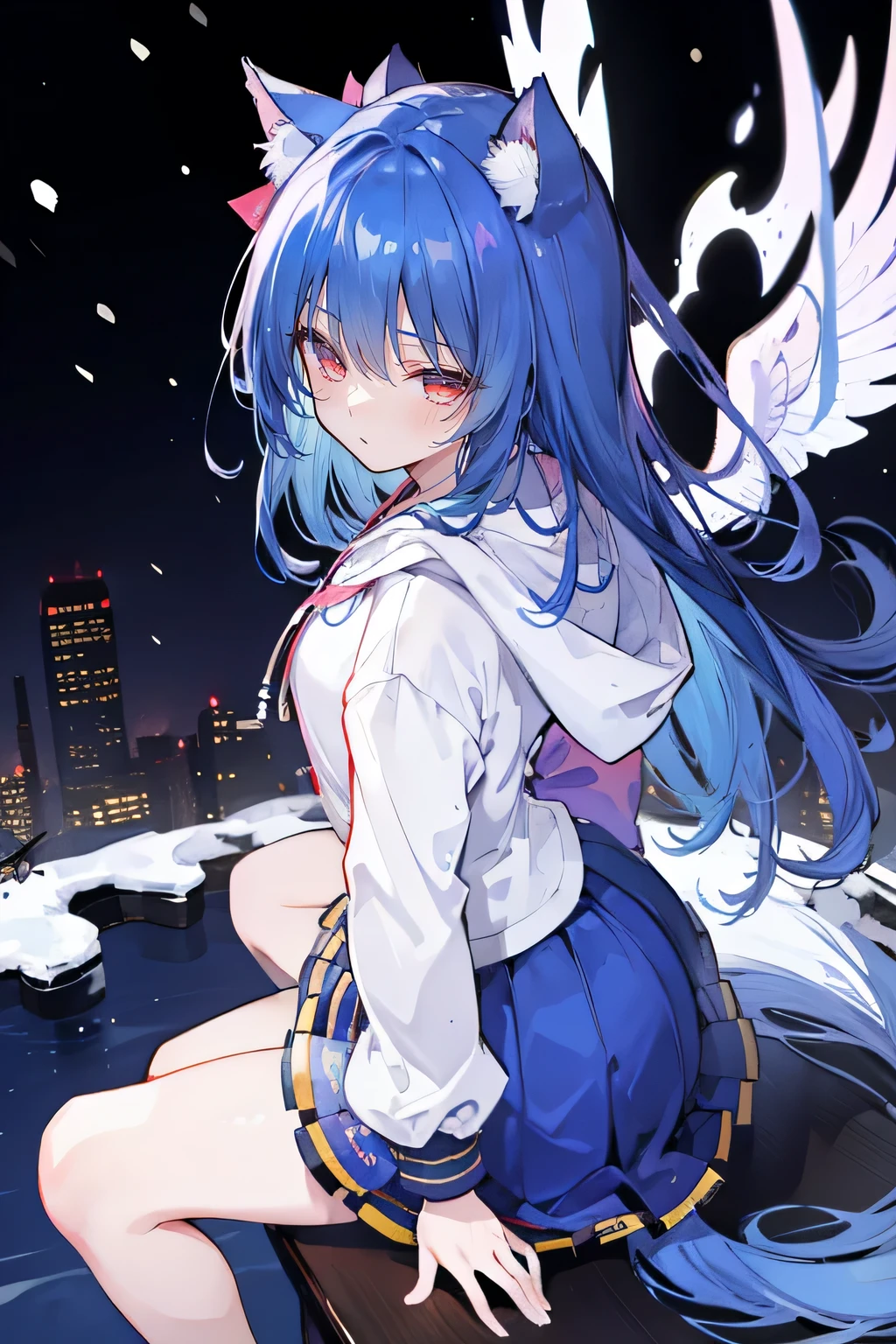 （masterpiece：1.2），Super detailed，lifelike，Expressive eyes，fair skin，perfect face shape，1 girl，
Japanese comics,Gorgeous blue hair,flowing blue hair,flowing clothes,Cat ears,Petals fall,beautiful lola,Baby Angel,
Shaking head with one hand，Cross your legs，Gentle and peaceful background，The pavilion is cool and comfortable,smile, wearing hoodie, background of tokyo,back views,snowing, winter,Angel wings，The world is open，shameful expression。