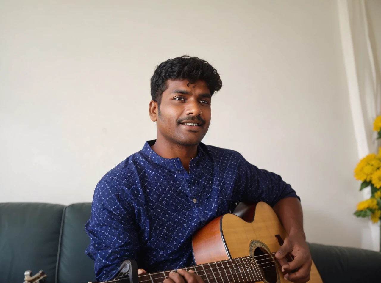 An farmer indian men with a guitar singing, using the face image provided