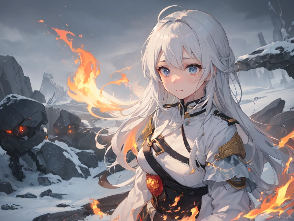 masterpiece:1.2), best quality , 独奏 ,pixiv, anime girl ,long straight white hair , black eyes ,Wearing off-white camouflage uniform ,ten years old,modern battlefield,(Eyes looking into the distance:1.3),(look away:1.5),snowy weather,dirty face,The background is a sea of fire with blood on the forehead,dirty face,Backlight,Bare rocky peaks ,Fierce flames are burning,The expression is sad,leave tears,When the war situation seems to be developing for the better,,A girl wakes up from her deep sleep,She doesn't understand her own life、Not sure about the power in the body,As pure as white paper。At the same time, another soul is sleeping inside the girl's body.,it was an accident,It is also one of the waves that changes the world。
