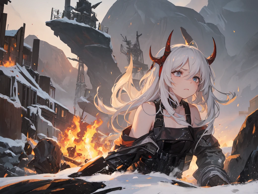 masterpiece:1.2), best quality , 独奏 ,pixiv, anime girl ，long straight white hair , black eyes ,Wearing off-white camouflage uniform ,ten years old，modern battlefield，(Eyes looking into the distance:1.3)，(look away:1.5)，snowy weather，dirty face，The background is a sea of fire with blood on the forehead，dirty face，Backlight，Bare rocky peaks ,Fierce flames are burning，The expression is sad，leave tears，When the war situation seems to be developing for the better,，A girl wakes up from her deep sleep，She doesn&#39;t understand her own life、Not sure about the power in the body，As pure as white paper。At the same time, another soul is sleeping inside the girl&#39;s body.，it was an accident，It is also one of the waves that changes the world。