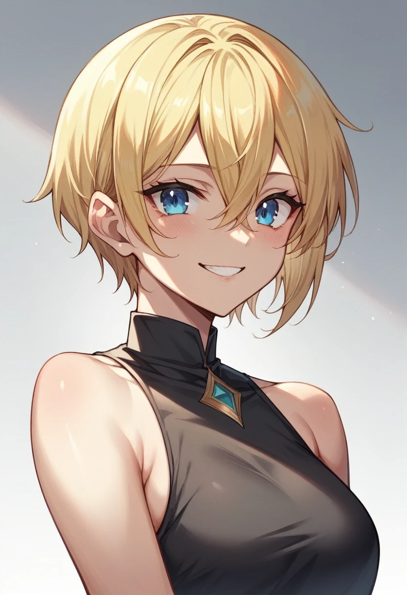 (One girl)、((short hair))、((Blonde))、(Sato Air)、((boyish))、((Dairy-free))、Blue Eyes、Black Robe、Black sleeveless、((hairs between eyes))、smile