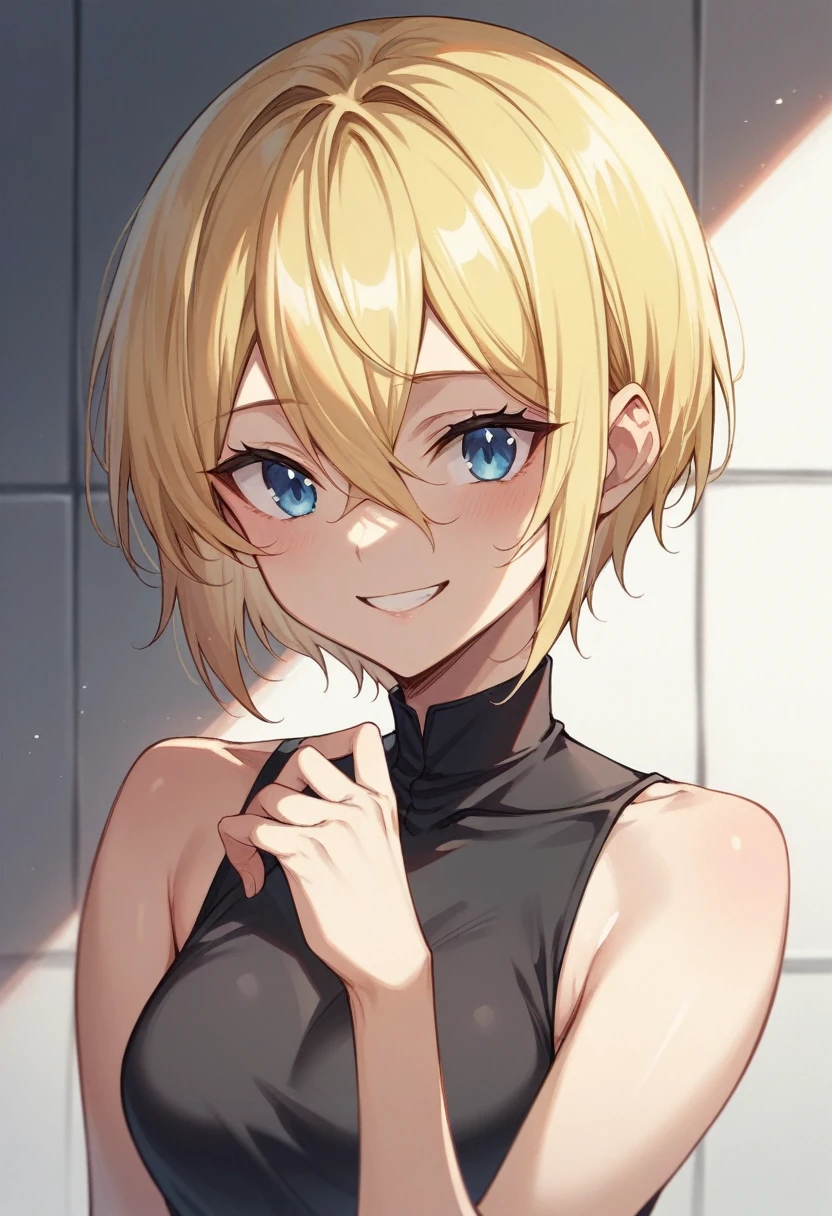 (One girl)、((short hair))、((Blonde))、(Sato Air)、((boyish))、((Dairy-free))、Blue Eyes、Black Robe、Black sleeveless、((hairs between eyes))、smile