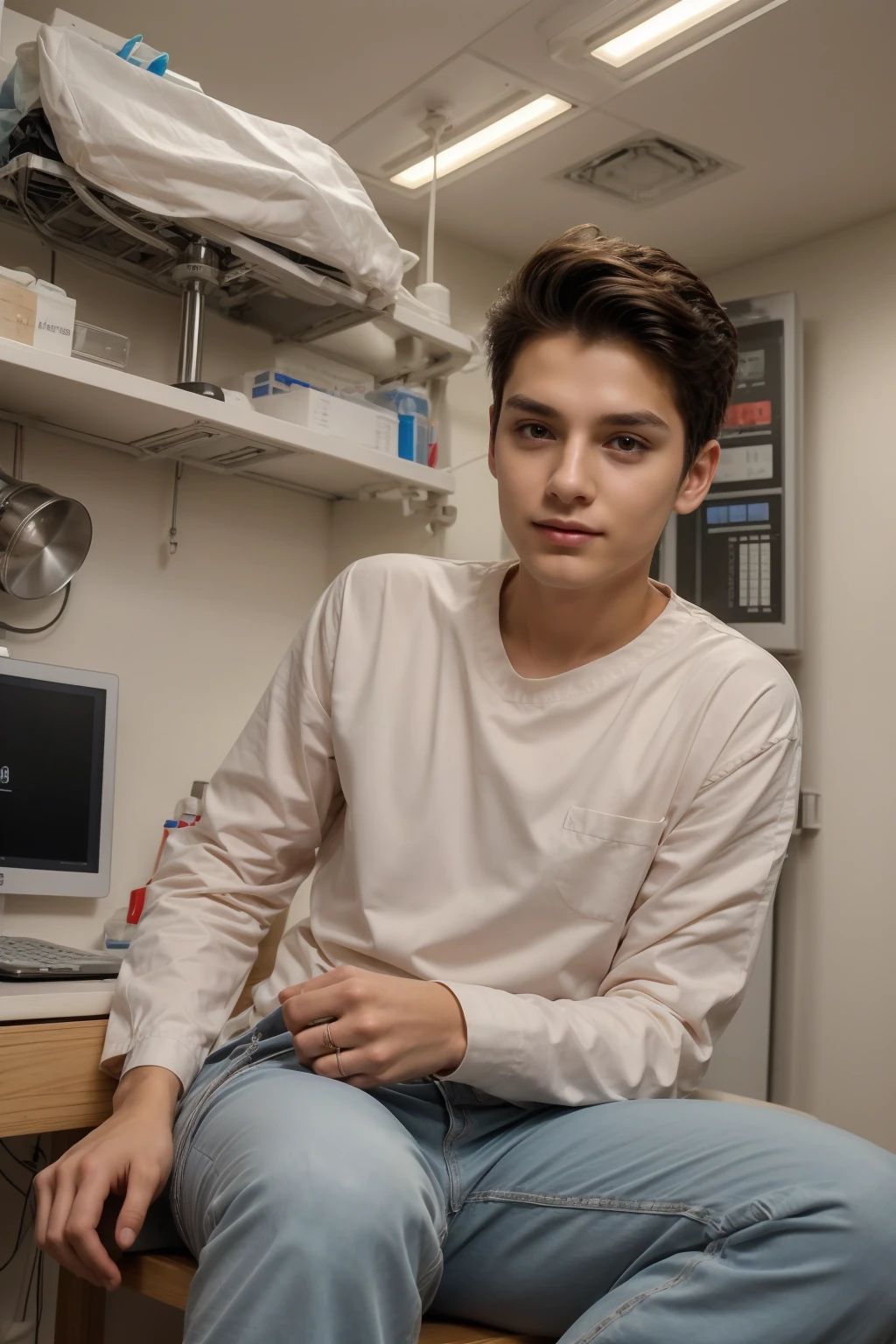 A beautiful young man, a cute male twink, with black hair, wearing a long-sleeved, white shirt and jeans. He is in the surgical operating room, and behind him are surgical medical instruments, devices, and medical smart screens inscribed with nerve cells, rings, etc., and he looks on proudly, with a face with reddish makeup.  He is sitting at a luxurious desk