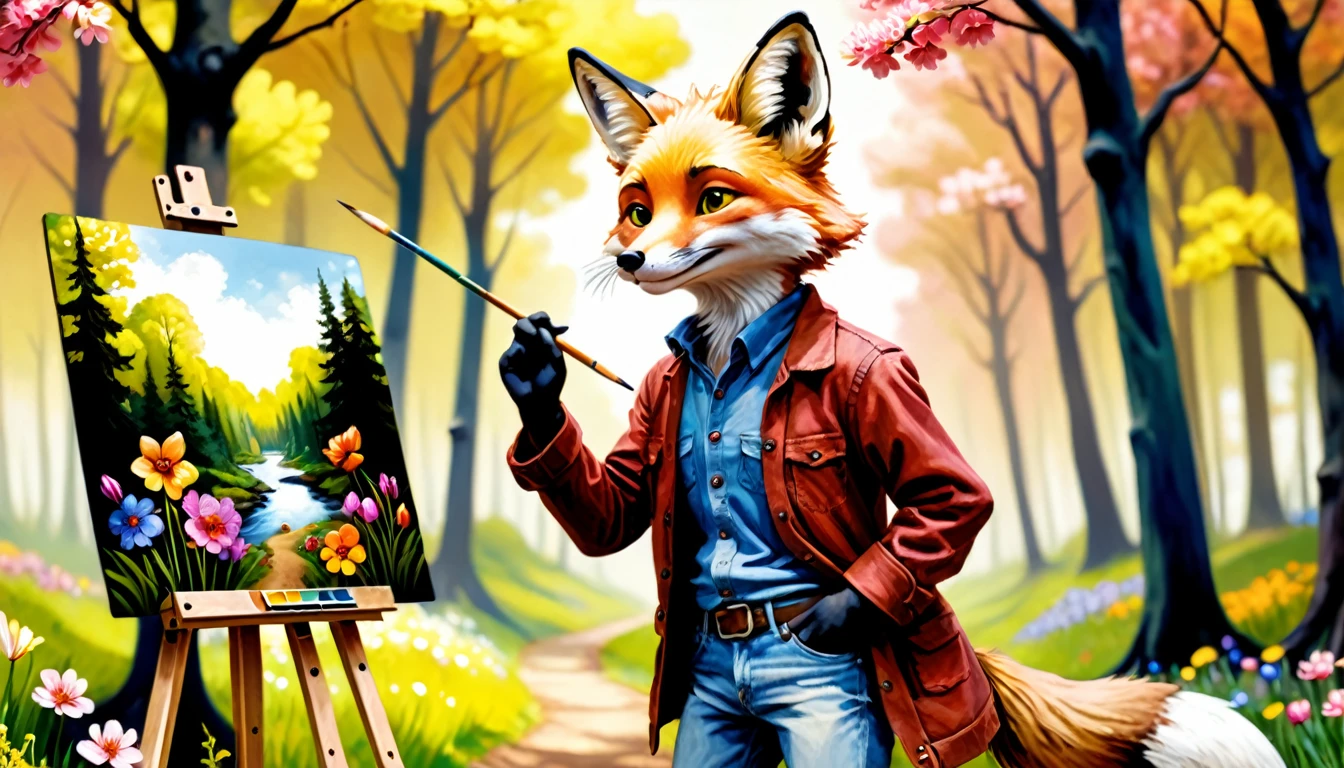 (photo film style), anthropomorphic, cute fox, painting on easel, vibrant spring forest, flowers, wearing casual clothes, 2D, colorful, warm atmosphere, shiny, Jean-Baptiste Monge style, Alan Lee style