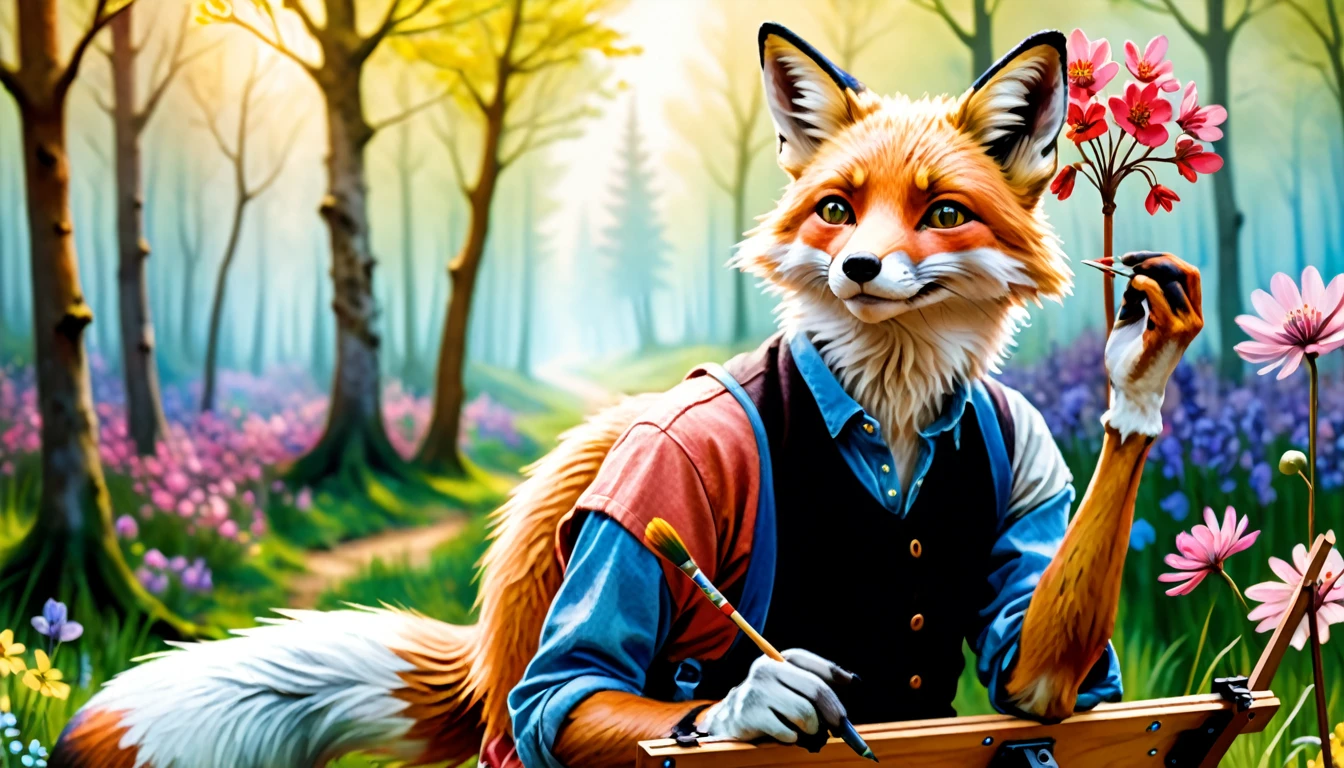 (photo film style), anthropomorphic, cute fox, painting on easel, vibrant spring forest, flowers, wearing casual clothes, 2D, colorful, warm atmosphere, shiny, Jean-Baptiste Monge style, Alan Lee style