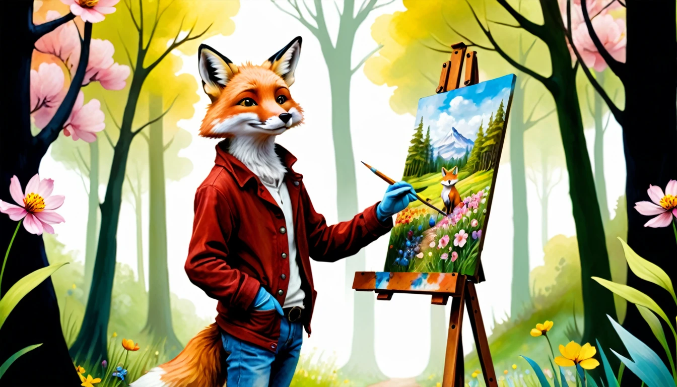 (photo film style), anthropomorphic, cute fox, painting on easel, vibrant spring forest, flowers, wearing casual clothes, 2D, colorful, warm atmosphere, shiny, Jean-Baptiste Monge style, Alan Lee style