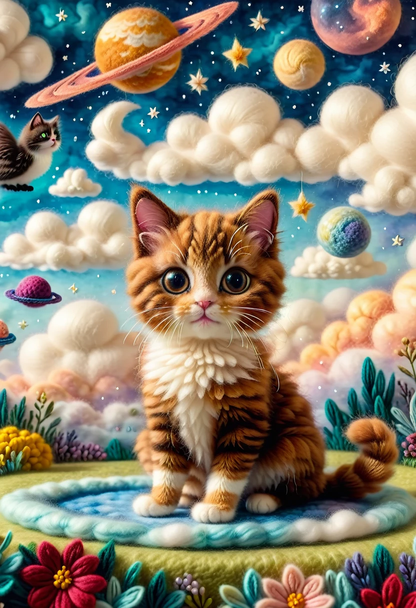 Needle Felt Art, Wool Felt Art, Kitten masterpiece, Floating kitten、Fluffy clouds、Brown Cat、A dreamy space