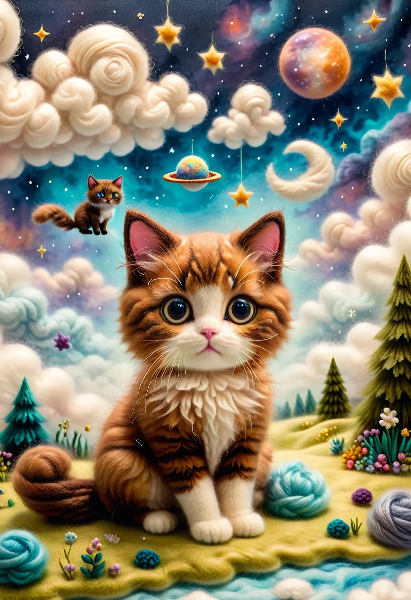 Needle Felt Art, Wool Felt Art, Kitten masterpiece, Floating kitten、Fluffy clouds、Brown Cat、A dreamy space