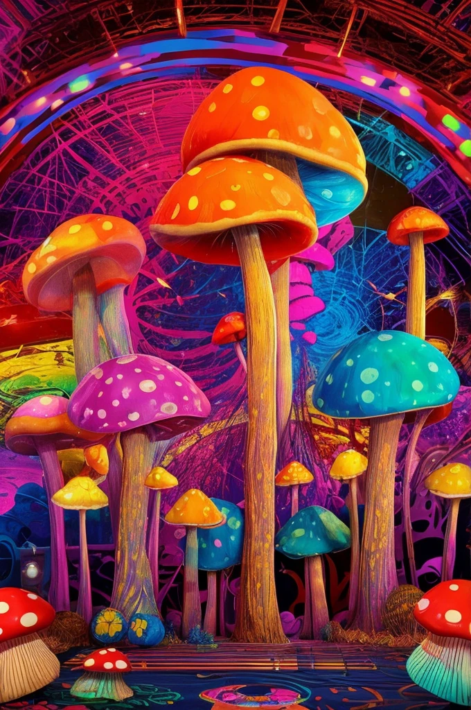 70'S ROCK BAND PLAYING ON A STAGE WITH SURREAL COLORFUL MUSHROOM DECORATIONS 70s style, synthwave aesthetic