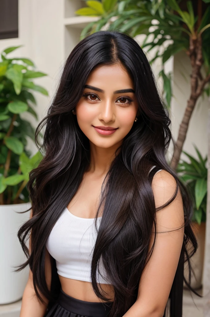 Create a digital portrait of Ishika Oberoi, a virtual influencer. She is a stylish young woman in her mid-20s with long, wavy black hair and expressive brown eyes. Ishika has a warm, radiant smile and a confident demeanor. She embodies modern Indian fashion with a mix of traditional elegance and contemporary trends. Her look is chic and polished, reflecting her role as a trendsetter and influencer.