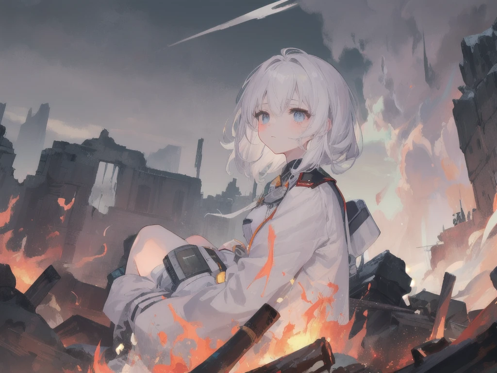 masterpiece:1.2), best quality , 独奏 ,pixiv, anime girl ,long straight white hair , black eyes ,Wearing off-white camouflage uniform ,ten years old,modern battlefield,(Eyes looking into the distance:1.3),(look away:1.5),snowy weather,dirty face,The background is a sea of fire with blood on the forehead,dirty face,Backlight,Bare rocky peaks ,Fierce flames are burning,The expression is sad,leave tears,When the war situation seems to be developing for the better,,A girl wakes up from her deep sleep,She doesn't understand her own life、Not sure about the power in the body,As pure as white paper。At the same time, another soul is sleeping inside the girl's body.,it was an accident,It is also one of the waves that changes the world。