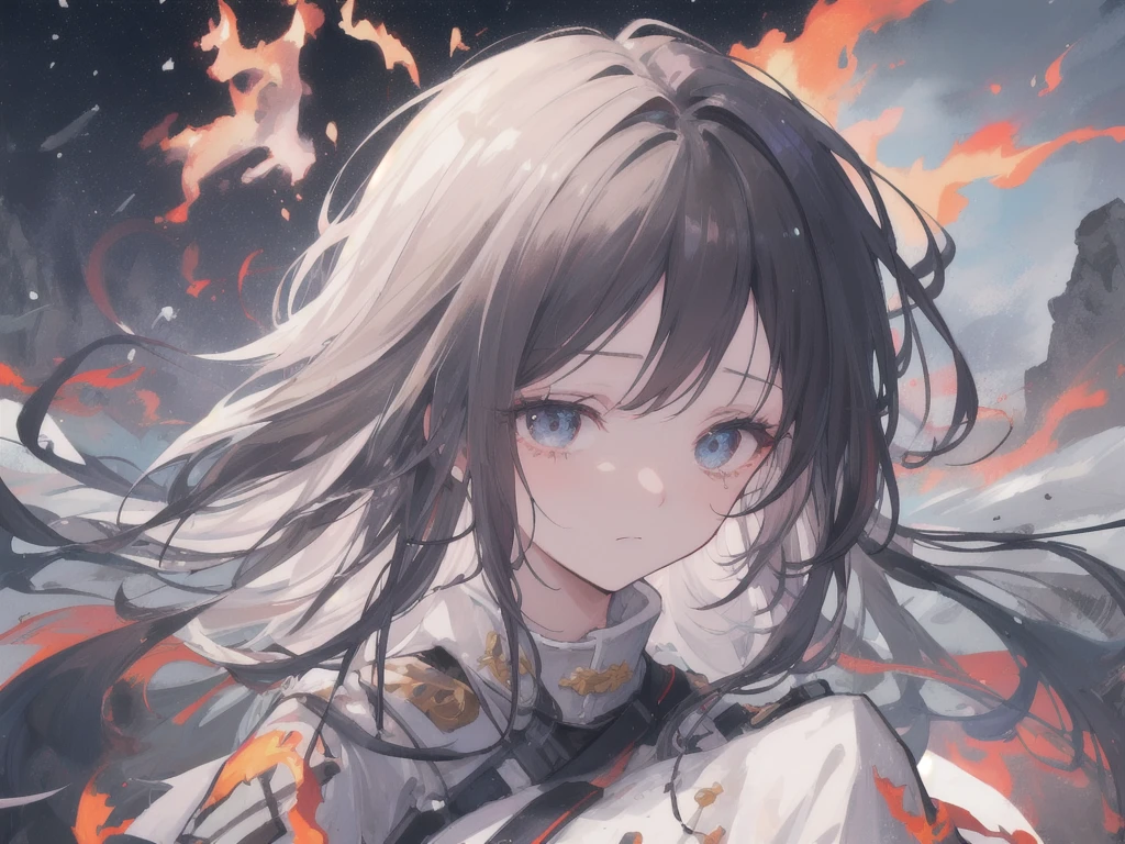 masterpiece:1.2), best quality , 独奏 ,pixiv, anime girl ，long straight white hair , black eyes ,Wearing off-white camouflage uniform ,ten years old，modern battlefield，(Eyes looking into the distance:1.3)，(look away:1.5)，snowy weather，dirty face，The background is a sea of fire with blood on the forehead，dirty face，Backlight，Bare rocky peaks ,Fierce flames are burning，The expression is sad，leave tears，When the war situation seems to be developing for the better,，A girl wakes up from her deep sleep，She doesn&#39;t understand her own life、Not sure about the power in the body，As pure as white paper。At the same time, another soul is sleeping inside the girl&#39;s body.，it was an accident，It is also one of the waves that changes the world。