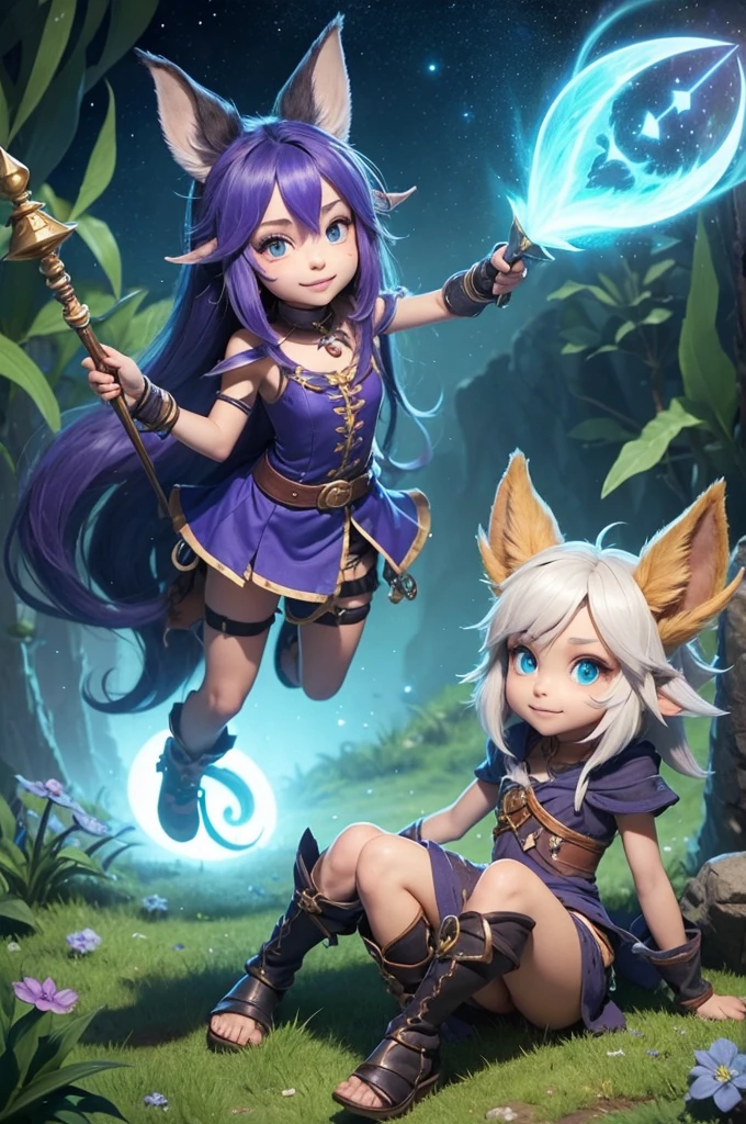 I want a female yordle, half hairy, who lives in mount targon, and tribo and soraka. She has long hair and a naive appearance., your color palettes are, roxa, blue and white, she has a staff, and uses celestial magic