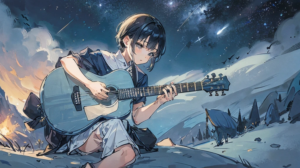 Little Blue Bird。Under the stars。On a hill far away、A small person is playing a big acoustic guitar with his back to me。