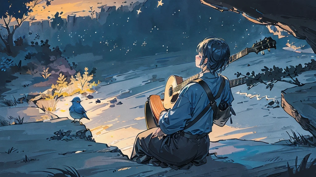 Little Blue Bird。Under the stars。On a hill far away、A small person is playing a big acoustic guitar with his back to me。