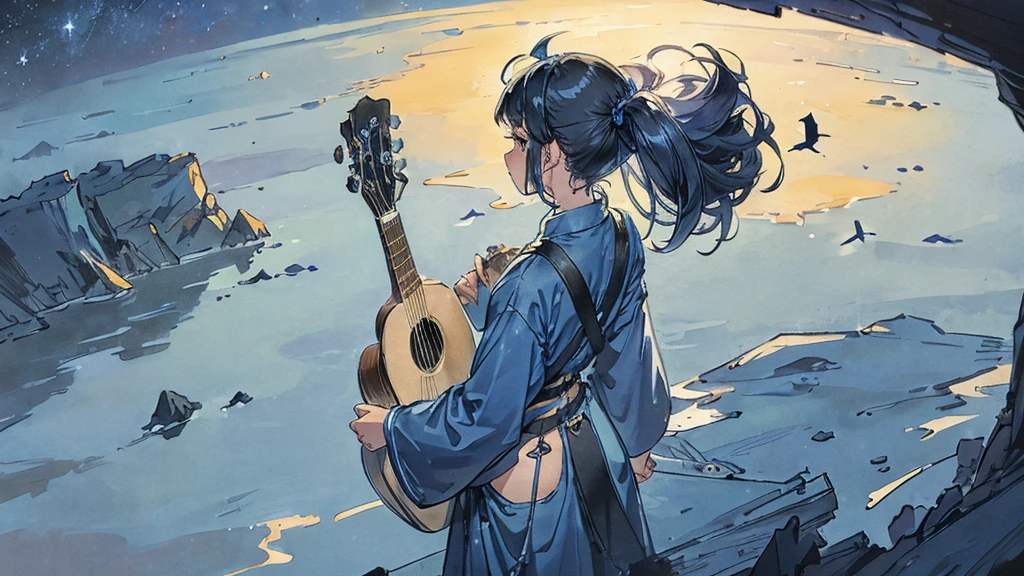 Little Blue Bird。Under the stars。On a hill far away、A small person is playing a big acoustic guitar with his back to me。