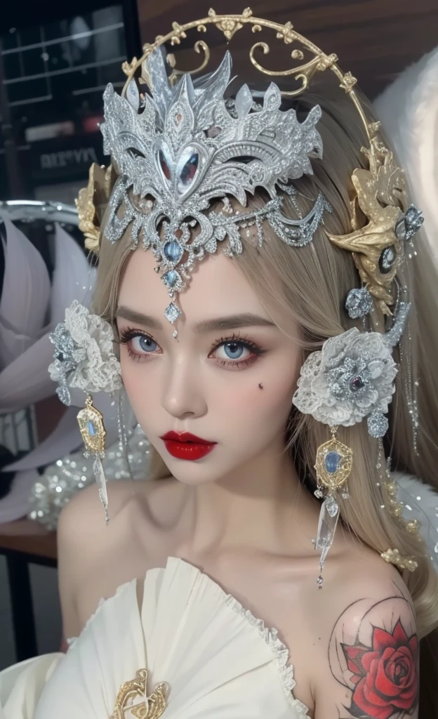 Detailed image quality，Witch Pandora，wing, Succubus Theme，堕落Angel，Excellent，scary，Secret Terror，Tentacles，With eyes，Uncanny Valley Effect，Beast Blood Moon，skeleton，vampire，Hellfire，Dark Queen，Angel，magician magic witch，16岁Angel，Eyes are blue(Pupils as deep as the starry sky)，Gorgeous tattoo designs all over the body，Surreal photos(8K picture quality，Rich in details)，Dark eyeshadow，Sexy thick lips(Red lipstick)，Tattoo designs on body，Dark Queen，Wear luxurious gold jewelry，Silver Crystal Armor