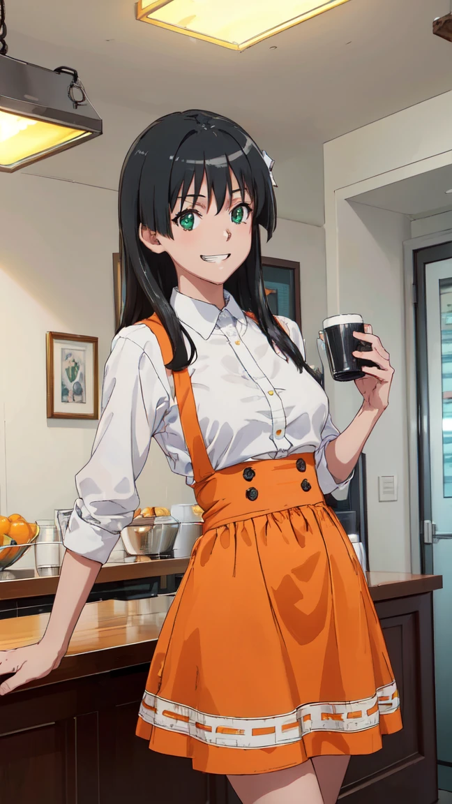  (High resolution:1.4), (masutepiece:1.2), (High quality:1.3) 1girl, saten ruiko, green eyes, long hair, black hair, small breast, Orange Skirt, orange apron, High Waist Skirt, white shirt, waitress, mini skirt, Bursting Busty,, cinematic lighting,  grin, pov