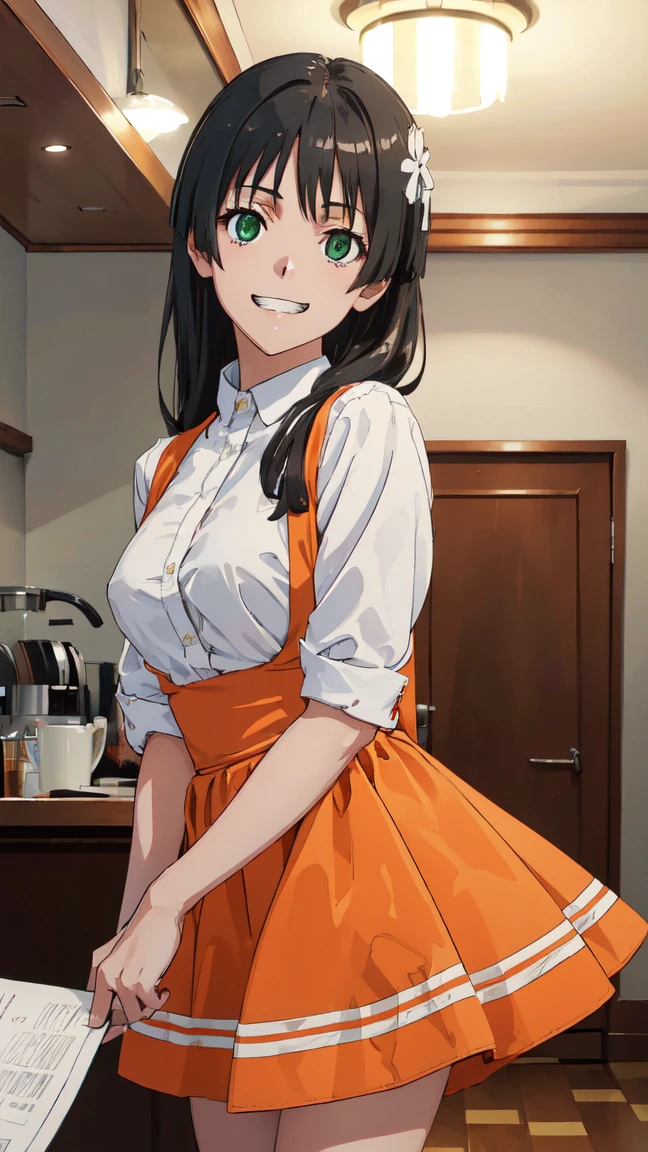 (High resolution:1.4), (masutepiece:1.2), (High quality:1.3) 1girl, saten ruiko, green eyes, long hair, black hair, small breast, Orange Skirt, orange apron, High Waist Skirt, white shirt, waitress, mini skirt, Bursting Busty,, cinematic lighting, grin, pov
