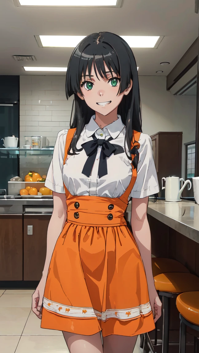  (High resolution:1.4), (masutepiece:1.2), (High quality:1.3) 1girl, saten ruiko, green eyes, long hair, black hair, small breast, Orange Skirt, orange apron, High Waist Skirt, white shirt, waitress, mini skirt, Bursting Busty,, cinematic lighting,  grin, pov