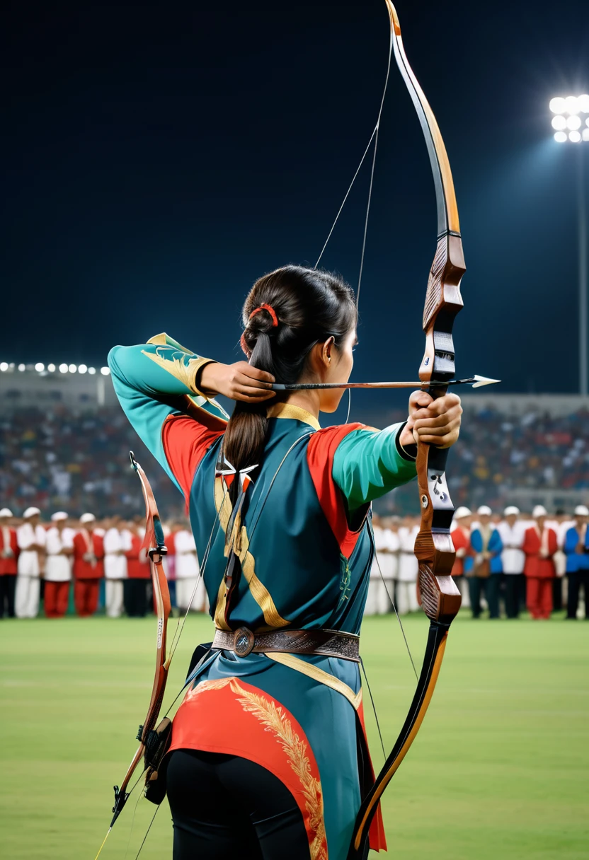 (Archer, bow and arrow), Professional archers, dressed in national team uniforms, are fully focused on adjusting their posture on the field, preparing to launch. The audience around the field is eagerly anticipating, and all eyes are focused on this decisive arrow. The background is the scene of the competition under the lighting, full body, (Photography), panoramic view, award-winning, cinematic still, emotional, vignette, dynamic, vivid, (masterpiece, best quality, Professional, perfect composition, very aesthetic, absurdres, ultra-detailed, intricate details:1.3)