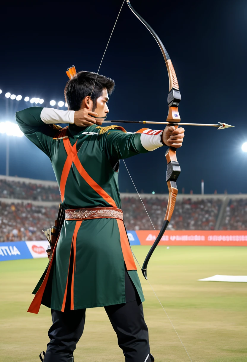 (Archer, bow and arrow), Professional archers, dressed in national team uniforms, are fully focused on adjusting their posture on the field, preparing to launch. The audience around the field is eagerly anticipating, and all eyes are focused on this decisive arrow. The background is the scene of the competition under the lighting, full body, (Photography), panoramic view, award-winning, cinematic still, emotional, vignette, dynamic, vivid, (masterpiece, best quality, Professional, perfect composition, very aesthetic, absurdres, ultra-detailed, intricate details:1.3)