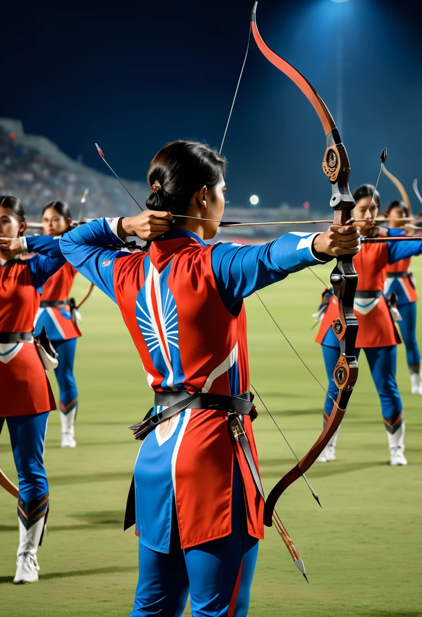 (Archer, bow and arrow), Professional archers, dressed in national team uniforms, are fully focused on adjusting their posture on the field, preparing to launch. The audience around the field is eagerly anticipating, and all eyes are focused on this decisive arrow. The background is the scene of the competition under the lighting, full body, (Photography), panoramic view, award-winning, cinematic still, emotional, vignette, dynamic, vivid, (masterpiece, best quality, Professional, perfect composition, very aesthetic, absurdres, ultra-detailed, intricate details:1.3)