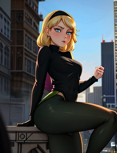 (masterpiece,best quality,absurdres,beautiful,aesthetic,detailed),cinematic angle, (Detailed face:1.2), (Detailed eyes:1.2), 1girl, solo (Gwen Stacy:1.1), curvy, bottom heavy,platinum blonde hair, bright blue eyes, ((Wearing: Black headband, olive green sweater, black leggings, black heels)), standing outside on New York streets, crowds of people on the surroundings, busy atmosphere, cinematic lighting, detailed background, she is tightlu stuck in a manhole by the hips, waiting for spider man to save her
