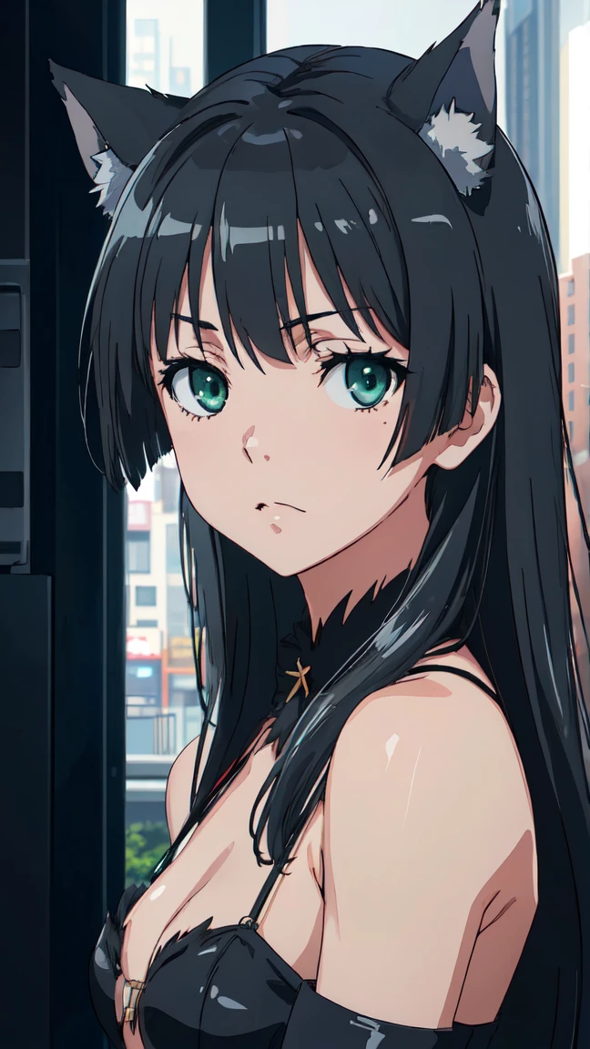 (High resolution:1.4), (masutepiece:1.2), (High quality:1.3) 1girl, saten ruiko, green eyes, long hair, black hair, small breast, dangerousbeast, wolf tail, cinematic lighting, pov