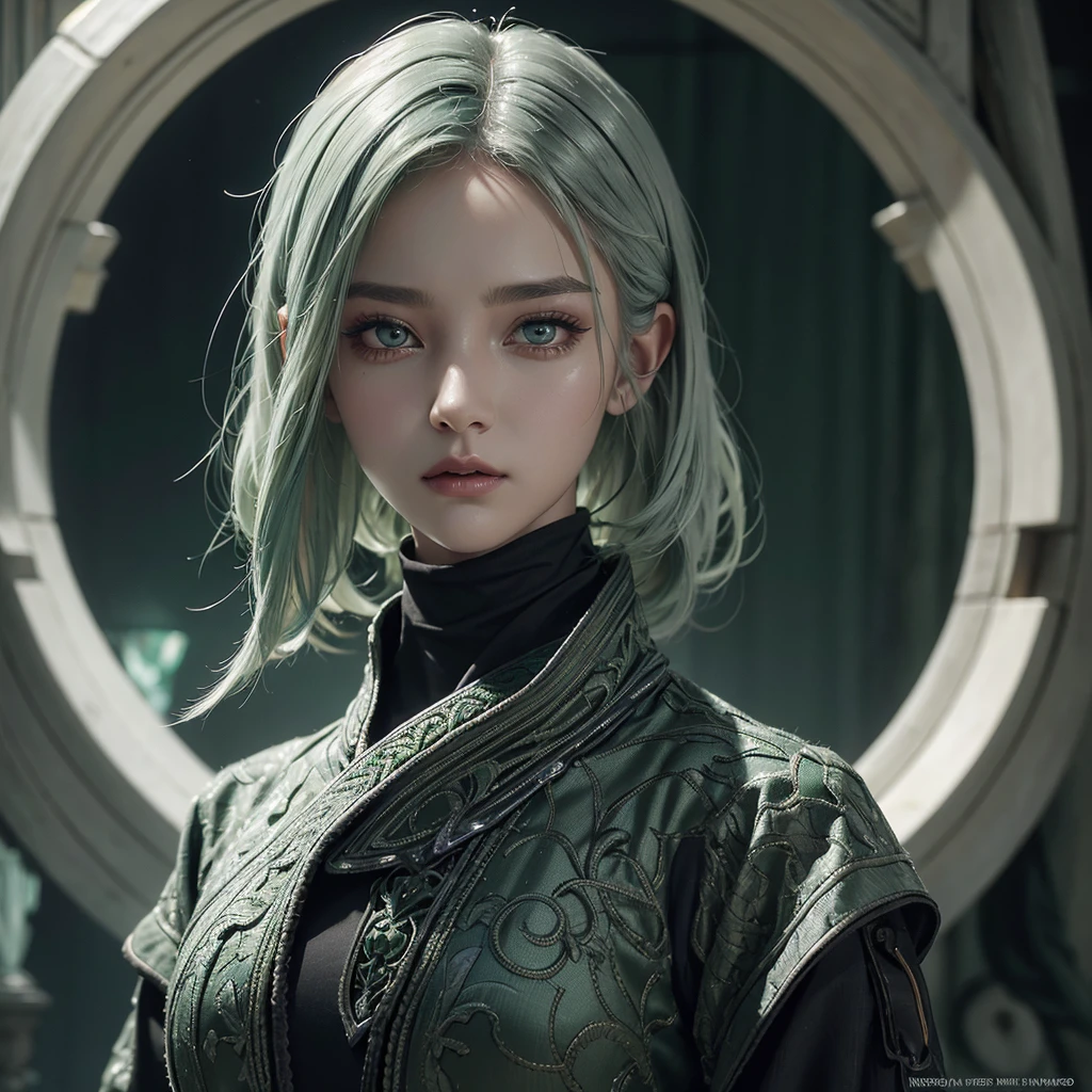 a girl with reptilian eyes and short silver-green hair, with a dark green turtle neck and a white robe, intricate detailed face, extremely detailed eyes, gorgeous detailed portrait, cinematic lighting, dramatic colors, vibrant, digital art, high quality, masterpiece