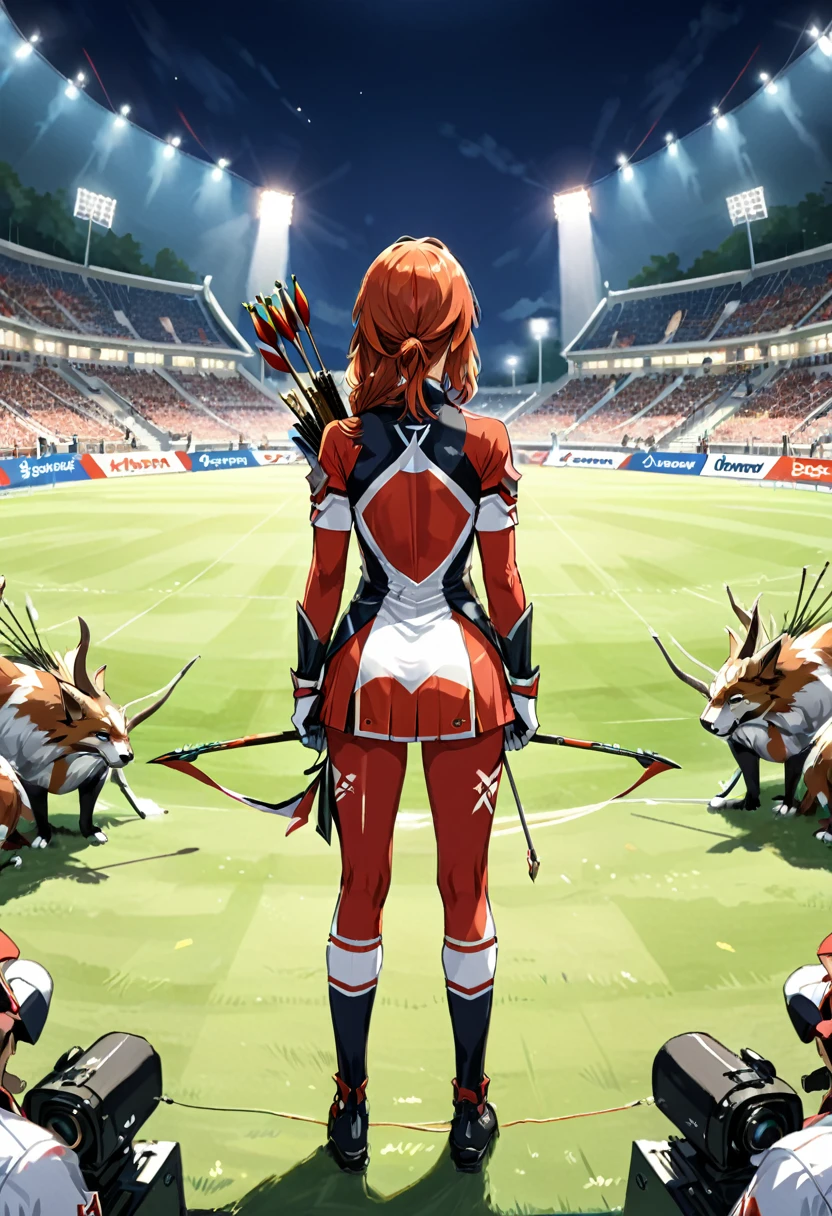 (Archer, bow and arrow), Professional archers, dressed in national team uniforms, are fully focused on adjusting their posture on the field, preparing to launch. The audience around the field is eagerly anticipating, and all eyes are focused on this decisive arrow. The background is the scene of the competition under the lighting, full body, (Photography), panoramic view, award-winning, cinematic still, emotional, vignette, dynamic, vivid, (masterpiece, best quality, Professional, perfect composition, very aesthetic, absurdres, ultra-detailed, intricate details:1.3)