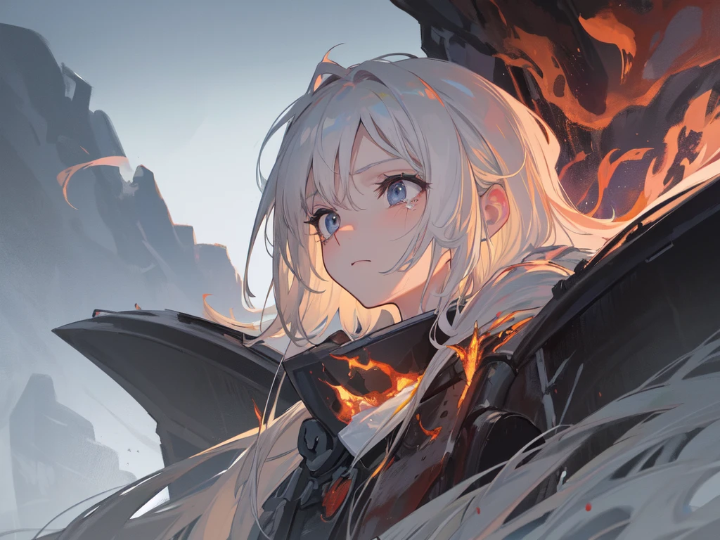 masterpiece:1.2), best quality , 独奏 ,pixiv, anime girl ,long straight white hair , black eyes ,Wearing off-white camouflage uniform ,ten years old,modern battlefield,(Eyes looking into the distance:1.3),(look away:1.5),snowy weather,dirty face,The background is a sea of fire with blood on the forehead,dirty face,Backlight,Bare rocky peaks ,Fierce flames are burning,The expression is sad,leave tears,When the war situation seems to be developing for the better,,A girl wakes up from her deep sleep,She doesn't understand her own life、Not sure about the power in the body,As pure as white paper。At the same time, another soul is sleeping inside the girl's body.,it was an accident,It is also one of the waves that changes the world。
