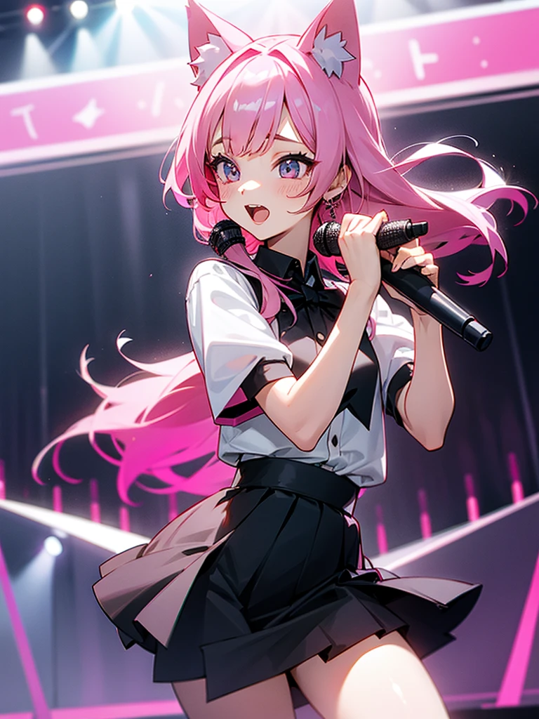 Girl, Pink Hair, Cat Ears, Black skirt, Idol, Holding Microphone, Singing, Joy, Idol Girl