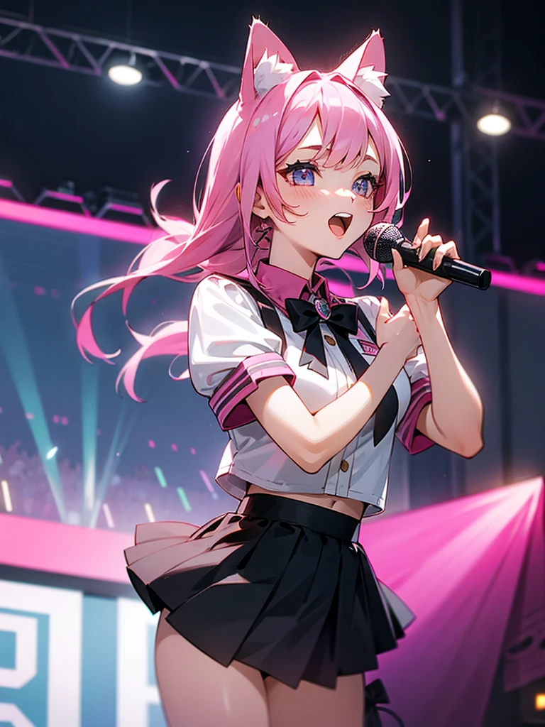Girl, Pink Hair, Cat Ears, Black skirt, Idol, Holding Microphone, Singing, Joy, Idol Girl