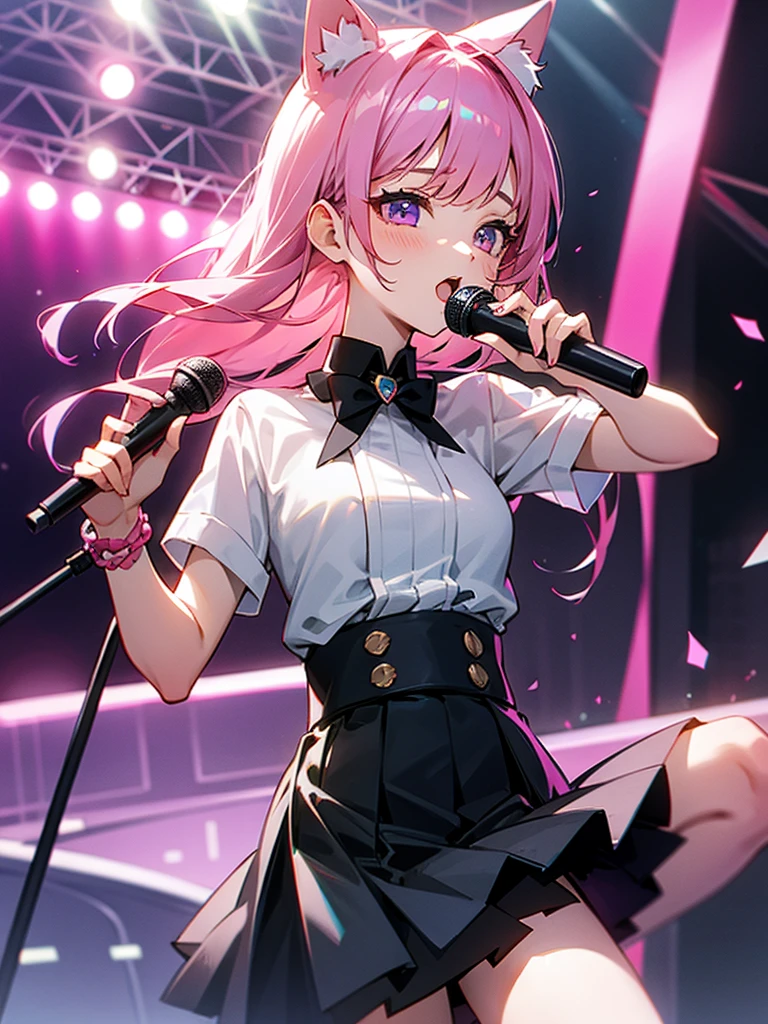 Girl, Pink Hair, Cat Ears, Black skirt, Idol, Holding Microphone, Singing, Joy, Idol Girl