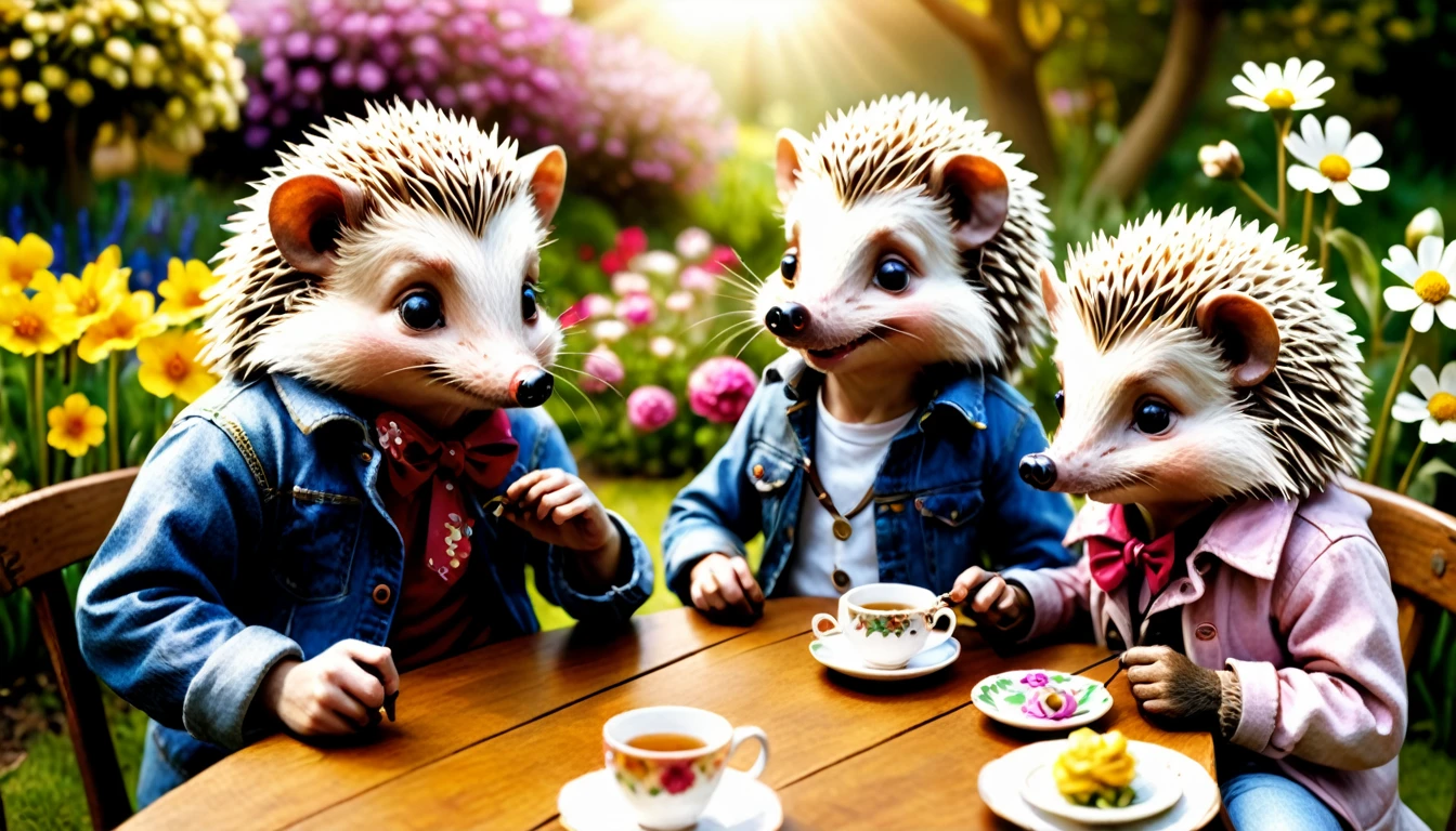 (photography film style), anthropomorphic, cute hedgehog, tea party, friends, garden, blooming flowers, wearing casual clothes, 2D, colorful, warm atmosphere, shiny, Jean-Baptiste Monge style, Alan Lee style