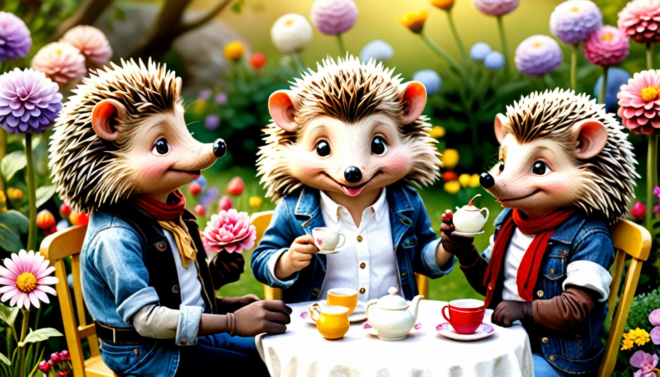 (photography film style), anthropomorphic, cute hedgehog, tea party, friends, garden, blooming flowers, wearing casual clothes, 2D, colorful, warm atmosphere, shiny, Jean-Baptiste Monge style, Alan Lee style